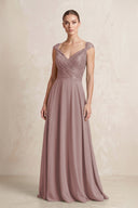A-Line Chiffon V-Neck Pleated Bridesmaid Dress with Cap Sleeves in Dusty Rose | KISSBRIDAL