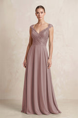 A-Line Chiffon V-Neck Pleated Bridesmaid Dress with Cap Sleeves in Dusty Rose | KISSBRIDAL