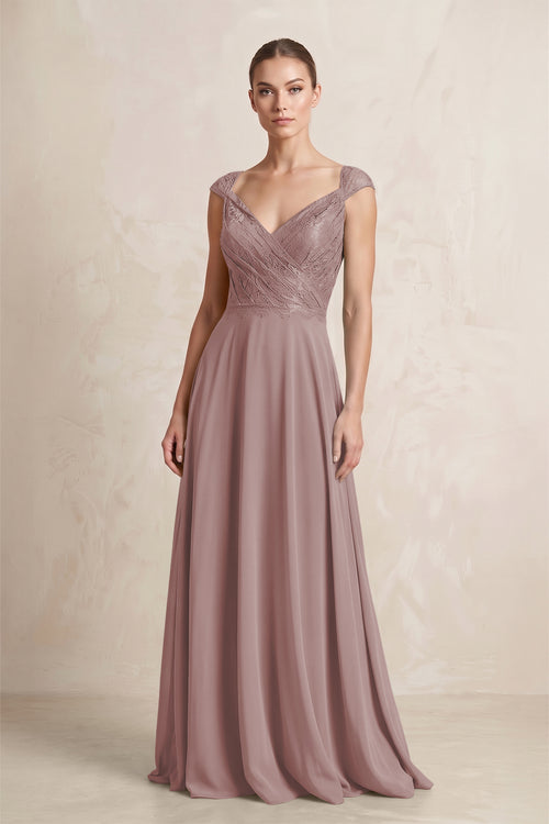 A-Line Chiffon V-Neck Pleated Bridesmaid Dress with Cap Sleeves in Dusty Rose | KISSBRIDAL