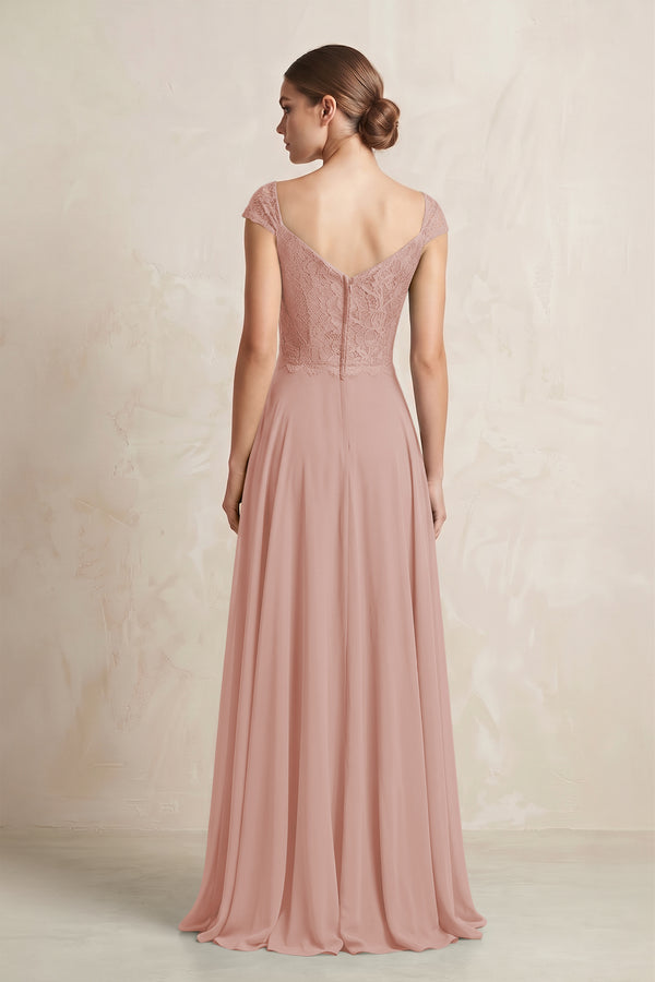 A-Line Chiffon V-Neck Pleated Bridesmaid Dress with Cap Sleeves in English Rose (2) | KISSBRIDAL