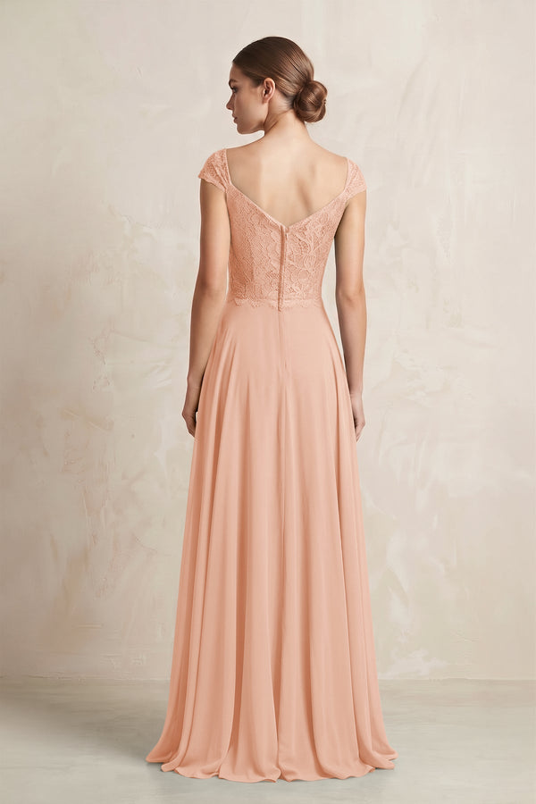 A - Line Chiffon V - Neck Pleated Bridesmaid Dress with Cap Sleeves in English Rose - KISS BRIDAL Bridesmaid Dresses