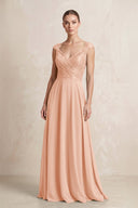 A - Line Chiffon V - Neck Pleated Bridesmaid Dress with Cap Sleeves in English Rose - KISS BRIDAL Bridesmaid Dresses