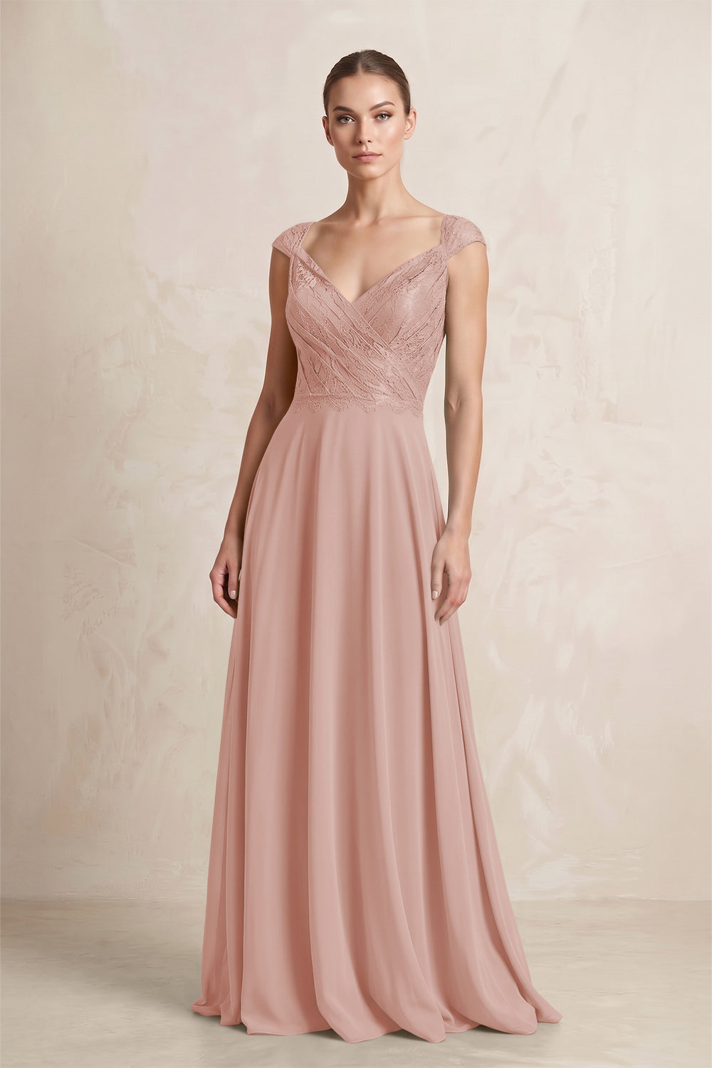 A-Line Chiffon V-Neck Pleated Bridesmaid Dress with Cap Sleeves in English Rose