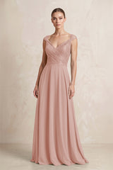 A-Line Chiffon V-Neck Pleated Bridesmaid Dress with Cap Sleeves in English Rose | KISSBRIDAL