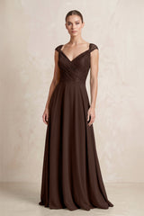 A - Line Chiffon V - Neck Pleated Bridesmaid Dress with Cap Sleeves in Espresso - KISS BRIDAL Bridesmaid Dresses