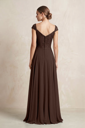 A - Line Chiffon V - Neck Pleated Bridesmaid Dress with Cap Sleeves in Espresso - KISS BRIDAL Bridesmaid Dresses