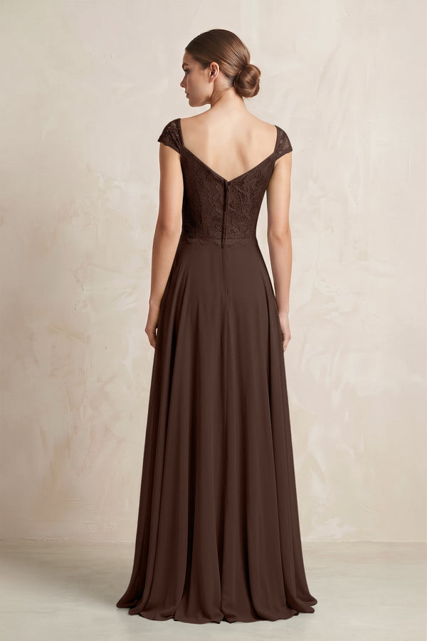 A - Line Chiffon V - Neck Pleated Bridesmaid Dress with Cap Sleeves in Espresso - KISS BRIDAL Bridesmaid Dresses