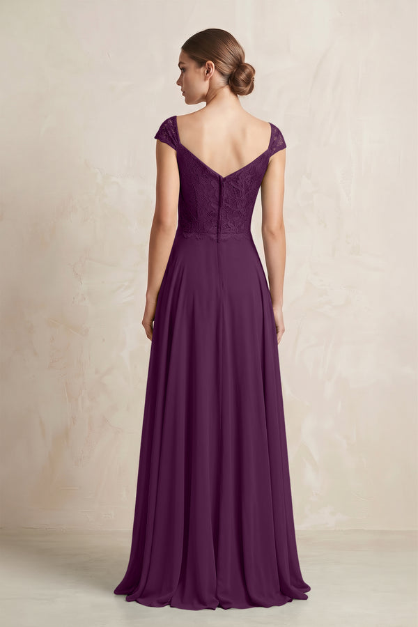 A-Line Chiffon V-Neck Pleated Bridesmaid Dress with Cap Sleeves in Fig (2) | KISSBRIDAL