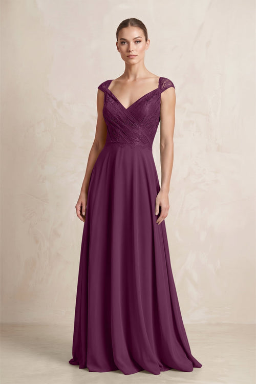 A - Line Chiffon V - Neck Pleated Bridesmaid Dress with Cap Sleeves in Fig - KISS BRIDAL Bridesmaid Dresses