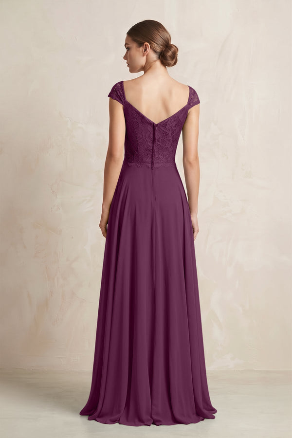 A - Line Chiffon V - Neck Pleated Bridesmaid Dress with Cap Sleeves in Fig - KISS BRIDAL Bridesmaid Dresses
