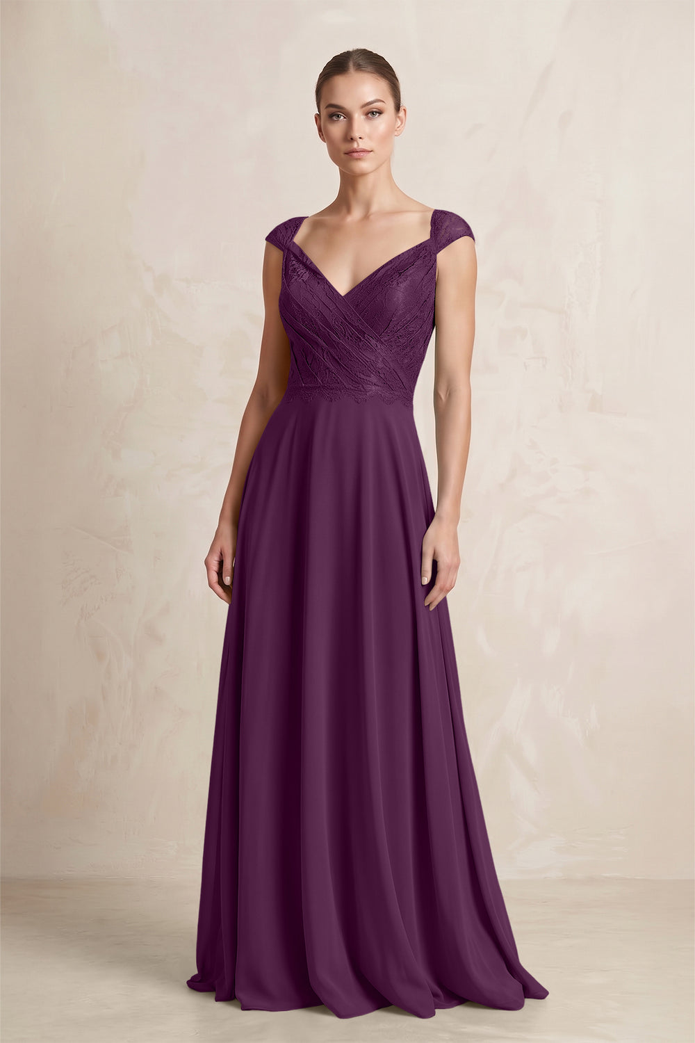 A-Line Chiffon V-Neck Pleated Bridesmaid Dress with Cap Sleeves in Fig