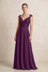 A-Line Chiffon V-Neck Pleated Bridesmaid Dress with Cap Sleeves in Fig | KISSBRIDAL