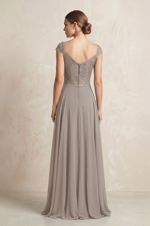 A-Line Chiffon V-Neck Pleated Bridesmaid Dress with Cap Sleeves in Frost (2) | KISSBRIDAL