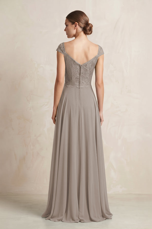 A-Line Chiffon V-Neck Pleated Bridesmaid Dress with Cap Sleeves in Frost (2) | KISSBRIDAL