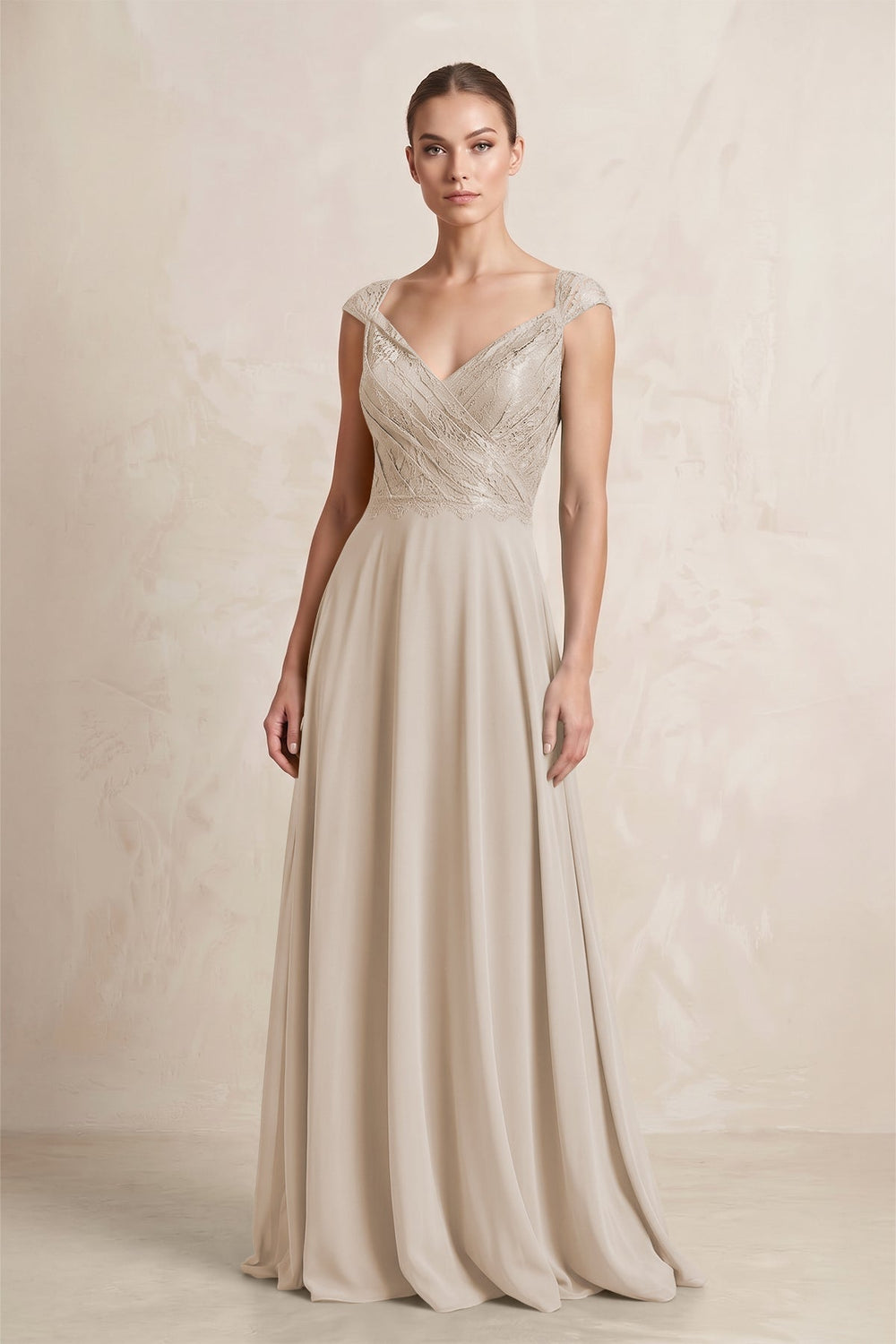 A - Line Chiffon V - Neck Pleated Bridesmaid Dress with Cap Sleeves in Frost - KISS BRIDAL Bridesmaid Dresses