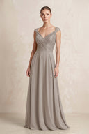 A-Line Chiffon V-Neck Pleated Bridesmaid Dress with Cap Sleeves in Frost | KISSBRIDAL