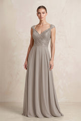A-Line Chiffon V-Neck Pleated Bridesmaid Dress with Cap Sleeves in Frost | KISSBRIDAL