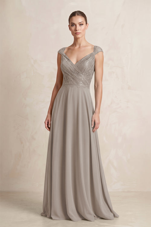 A-Line Chiffon V-Neck Pleated Bridesmaid Dress with Cap Sleeves in Frost | KISSBRIDAL