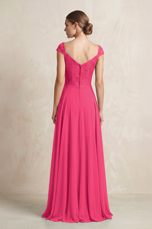 A-Line Chiffon V-Neck Pleated Bridesmaid Dress with Cap Sleeves in Fuchsia (2) | KISSBRIDAL