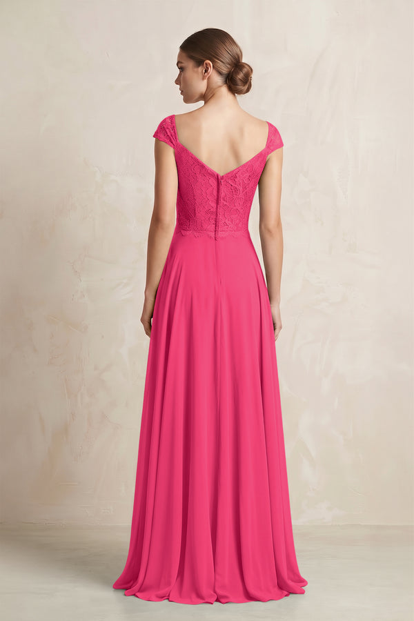 A-Line Chiffon V-Neck Pleated Bridesmaid Dress with Cap Sleeves in Fuchsia (2) | KISSBRIDAL