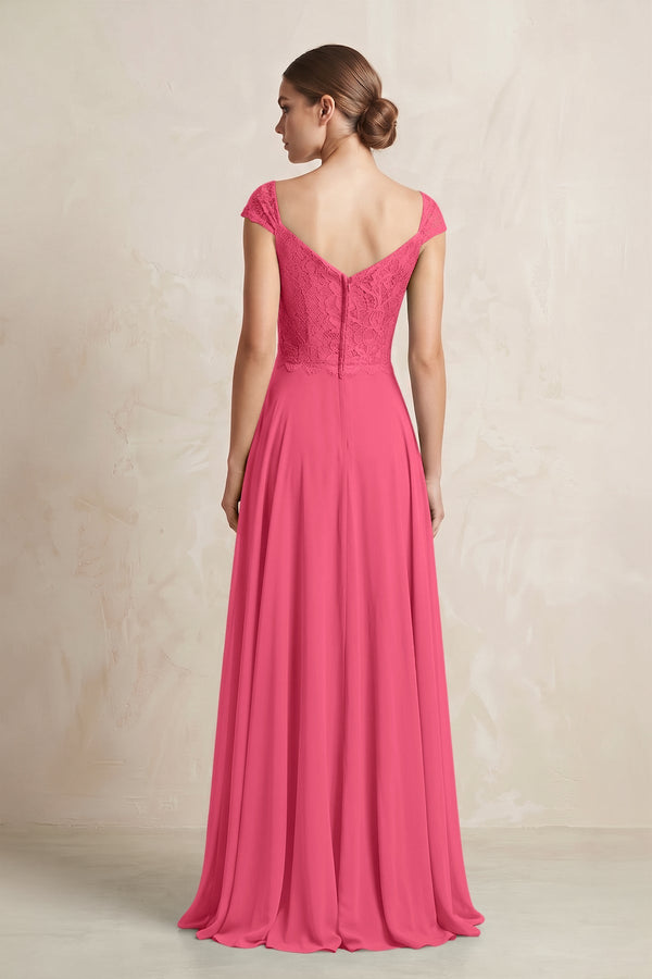 A - Line Chiffon V - Neck Pleated Bridesmaid Dress with Cap Sleeves in Fuchsia - KISS BRIDAL Bridesmaid Dresses