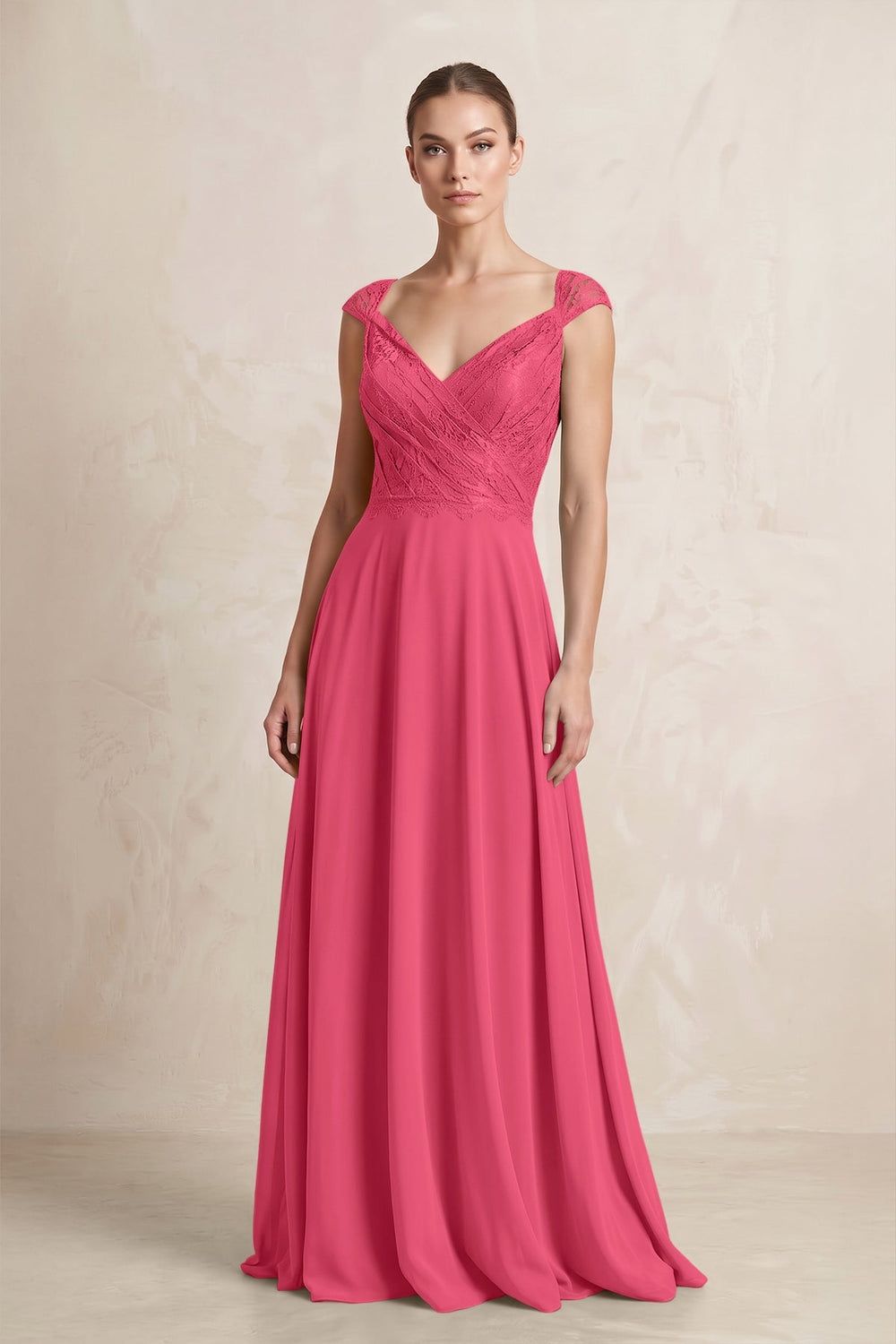 A - Line Chiffon V - Neck Pleated Bridesmaid Dress with Cap Sleeves in Fuchsia - KISS BRIDAL Bridesmaid Dresses