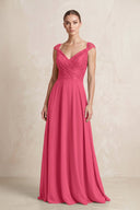 A - Line Chiffon V - Neck Pleated Bridesmaid Dress with Cap Sleeves in Fuchsia - KISS BRIDAL Bridesmaid Dresses