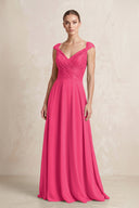 A-Line Chiffon V-Neck Pleated Bridesmaid Dress with Cap Sleeves in Fuchsia | KISSBRIDAL