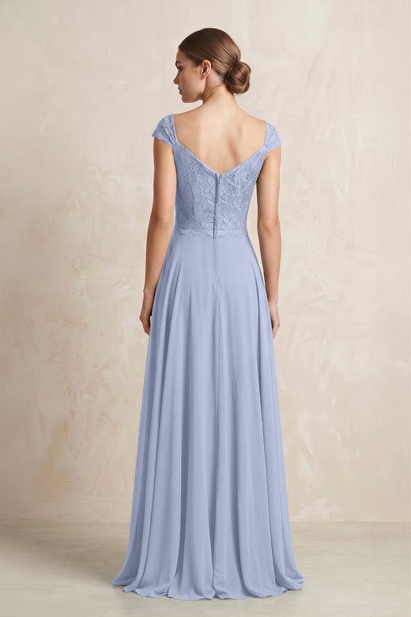 A-Line Chiffon V-Neck Pleated Bridesmaid Dress with Cap Sleeves in Ice (2) | KISSBRIDAL