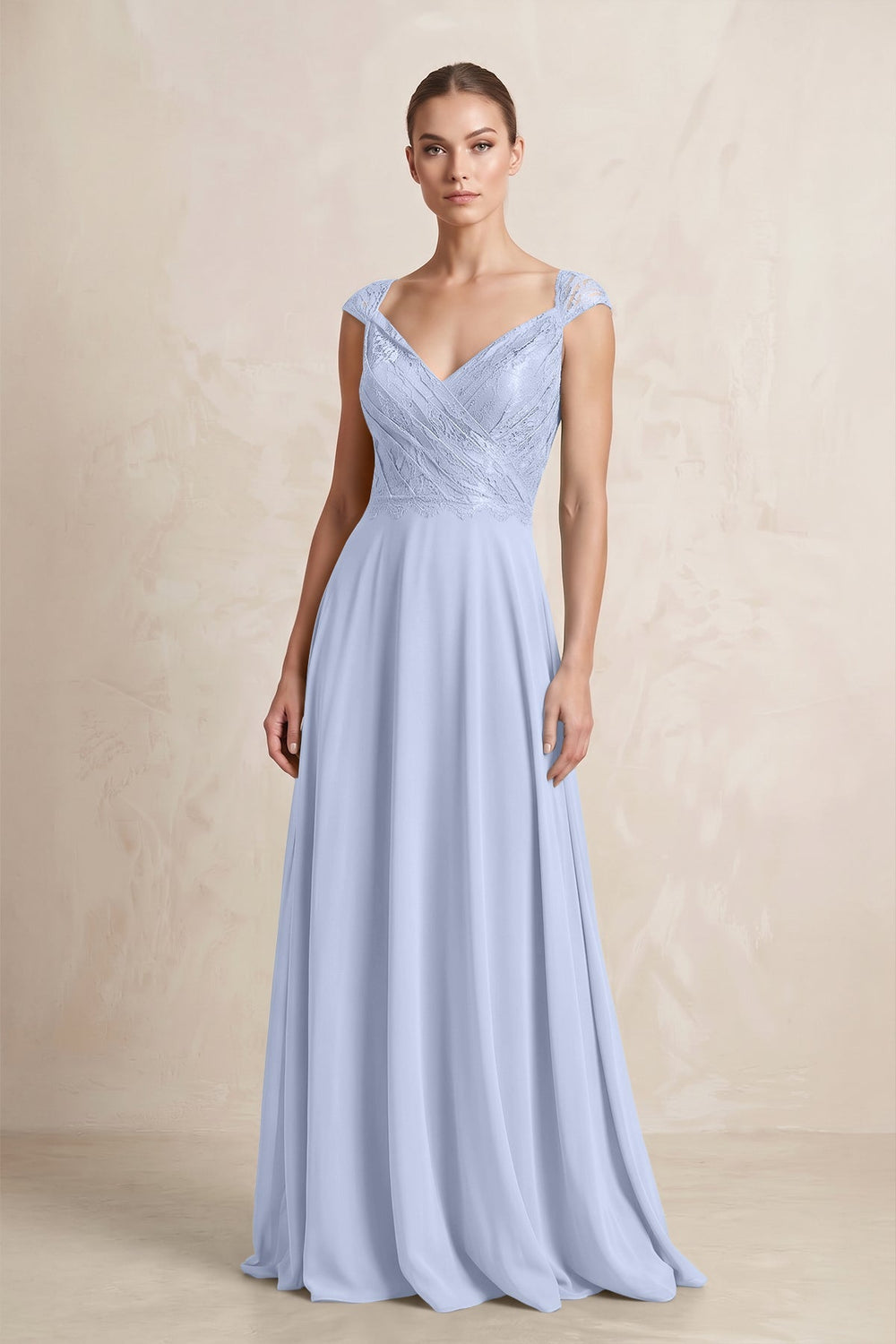 A - Line Chiffon V - Neck Pleated Bridesmaid Dress with Cap Sleeves in Ice - KISS BRIDAL Bridesmaid Dresses