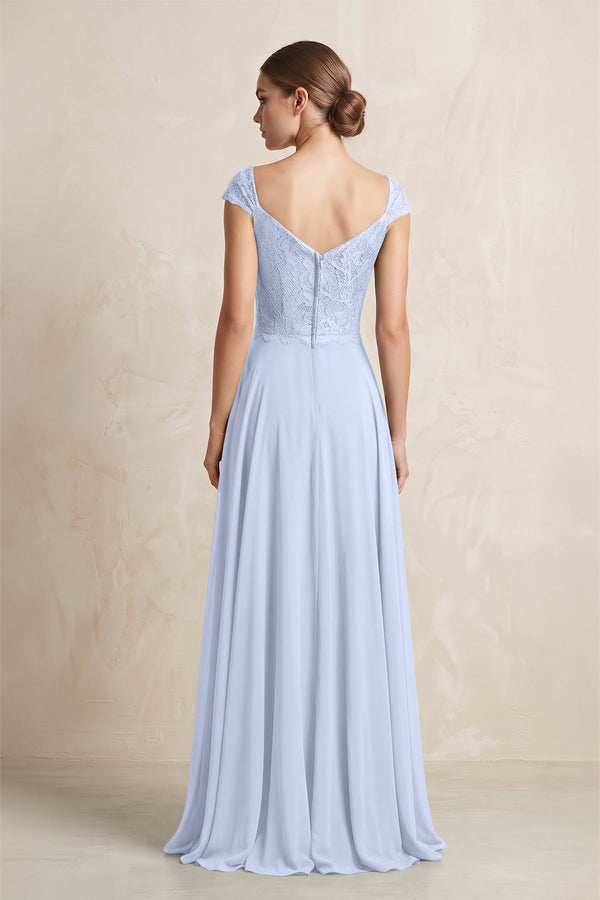 A - Line Chiffon V - Neck Pleated Bridesmaid Dress with Cap Sleeves in Ice - KISS BRIDAL Bridesmaid Dresses