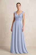 A-Line Chiffon V-Neck Pleated Bridesmaid Dress with Cap Sleeves in Ice | KISSBRIDAL
