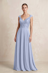 A-Line Chiffon V-Neck Pleated Bridesmaid Dress with Cap Sleeves in Ice | KISSBRIDAL