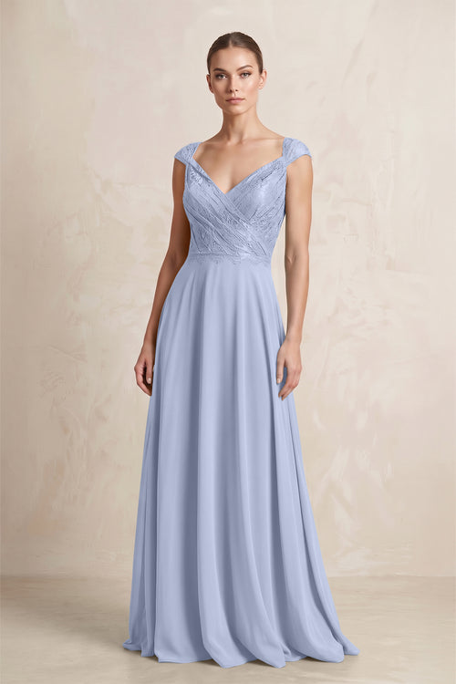 A-Line Chiffon V-Neck Pleated Bridesmaid Dress with Cap Sleeves in Ice | KISSBRIDAL