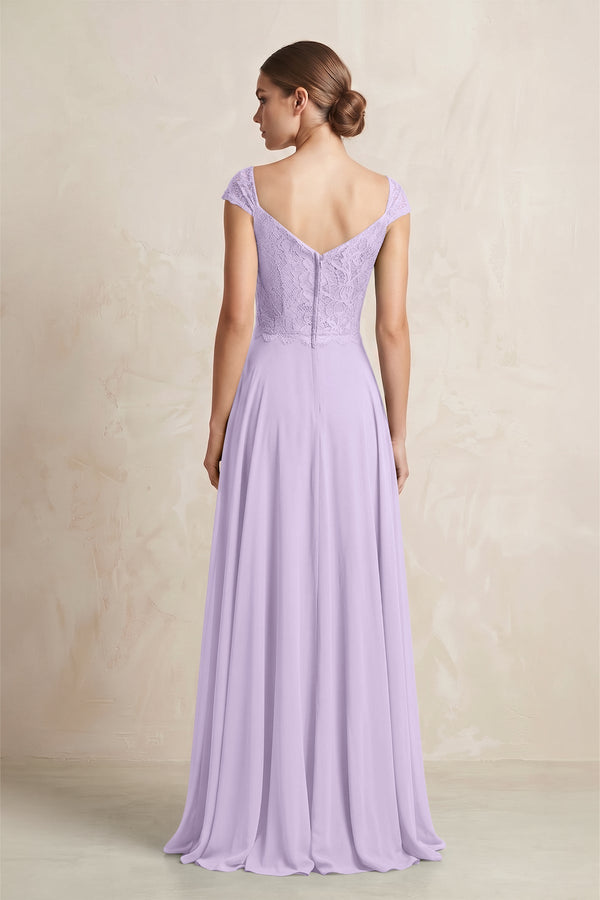 A - Line Chiffon V - Neck Pleated Bridesmaid Dress with Cap Sleeves in Lavender - KISS BRIDAL Bridesmaid Dresses