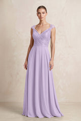 A - Line Chiffon V - Neck Pleated Bridesmaid Dress with Cap Sleeves in Lavender - KISS BRIDAL Bridesmaid Dresses