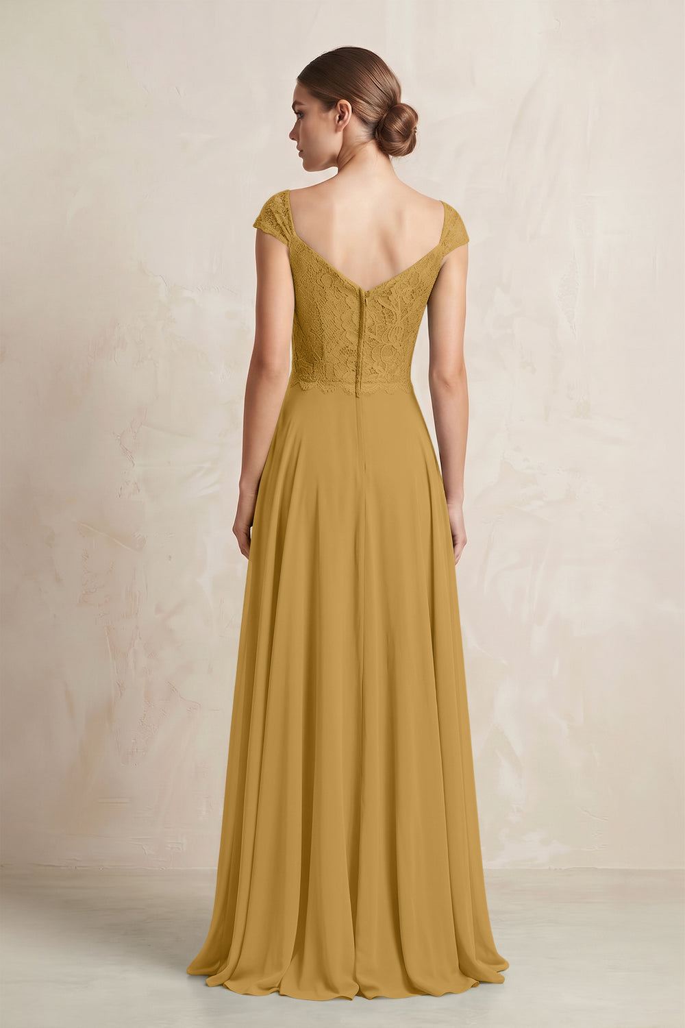 A-Line Chiffon V-Neck Pleated Bridesmaid Dress with Cap Sleeves in Marigold