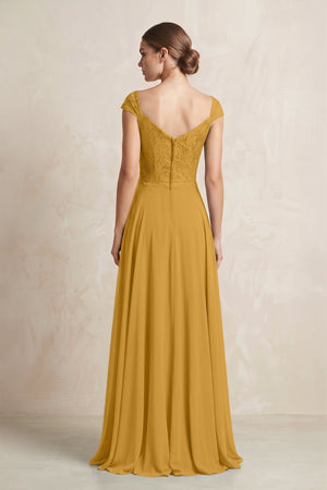 A - Line Chiffon V - Neck Pleated Bridesmaid Dress with Cap Sleeves in Marigold - KISS BRIDAL Bridesmaid Dresses