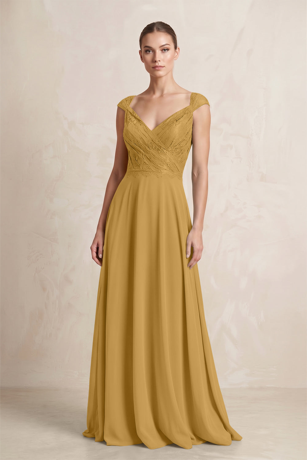 A-Line Chiffon V-Neck Pleated Bridesmaid Dress with Cap Sleeves in Marigold
