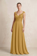 A-Line Chiffon V-Neck Pleated Bridesmaid Dress with Cap Sleeves in Marigold | KISSBRIDAL