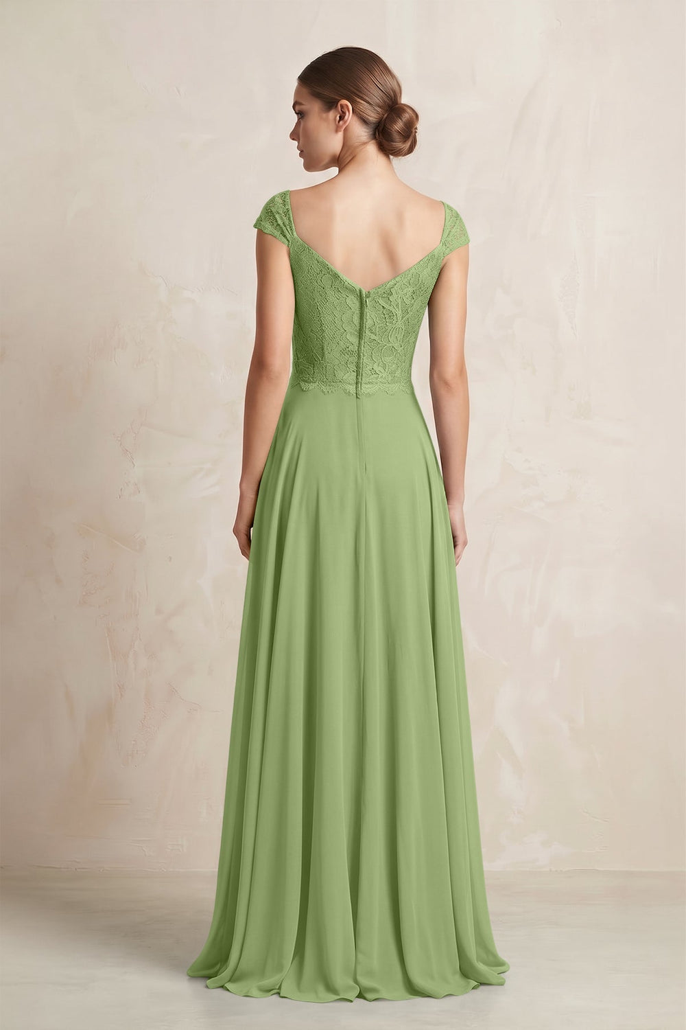 A - Line Chiffon V - Neck Pleated Bridesmaid Dress with Cap Sleeves in Matcha - KISS BRIDAL Bridesmaid Dresses