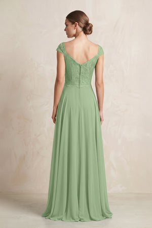 A-Line Chiffon V-Neck Pleated Bridesmaid Dress with Cap Sleeves in Matcha (2) | KISSBRIDAL