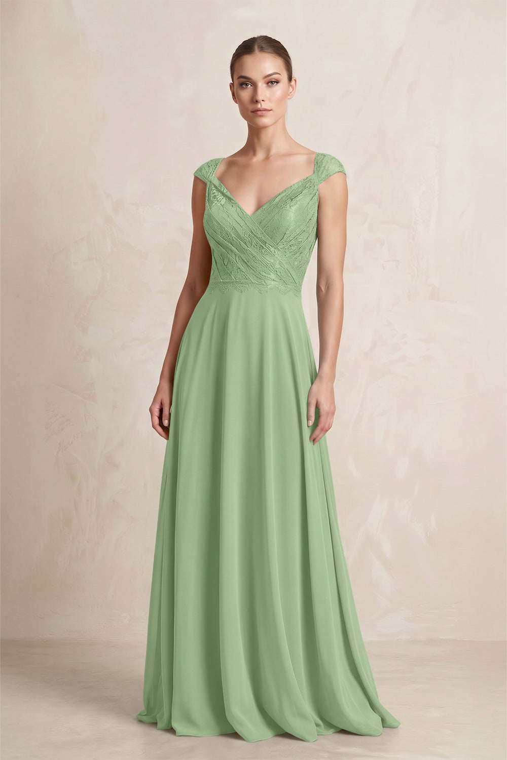 A-Line Chiffon V-Neck Pleated Bridesmaid Dress with Cap Sleeves in Matcha