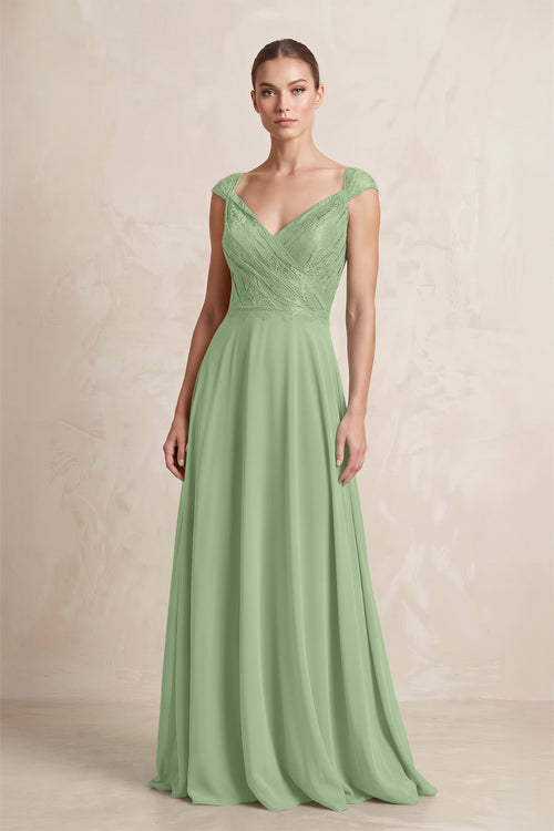 A-Line Chiffon V-Neck Pleated Bridesmaid Dress with Cap Sleeves in Matcha | KISSBRIDAL
