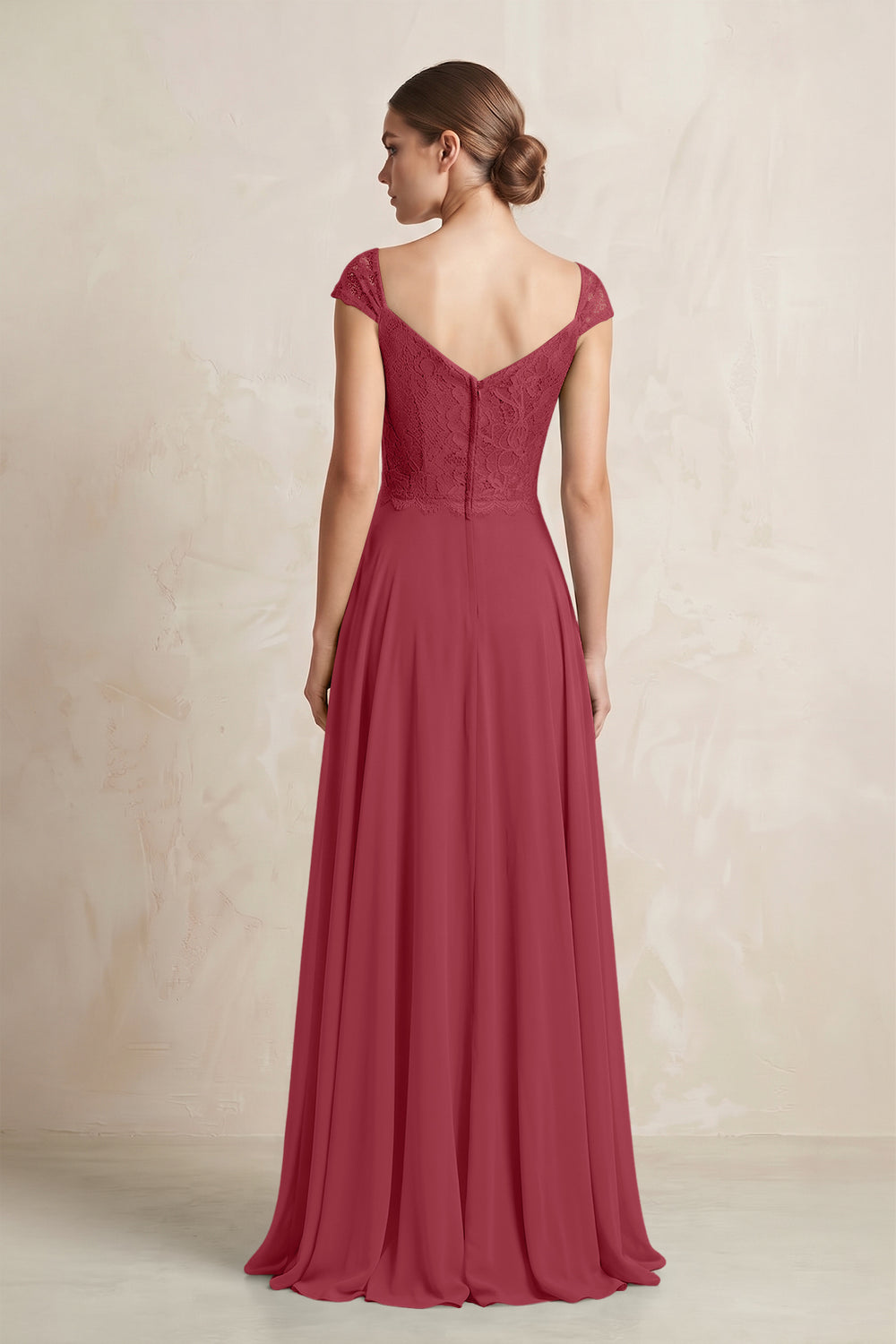 A-Line Chiffon V-Neck Pleated Bridesmaid Dress with Cap Sleeves in Merlot
