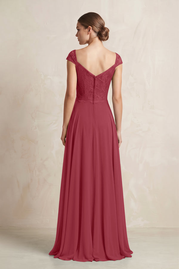 A-Line Chiffon V-Neck Pleated Bridesmaid Dress with Cap Sleeves in Merlot (2) | KISSBRIDAL
