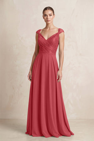 A - Line Chiffon V - Neck Pleated Bridesmaid Dress with Cap Sleeves in Merlot - KISS BRIDAL Bridesmaid Dresses