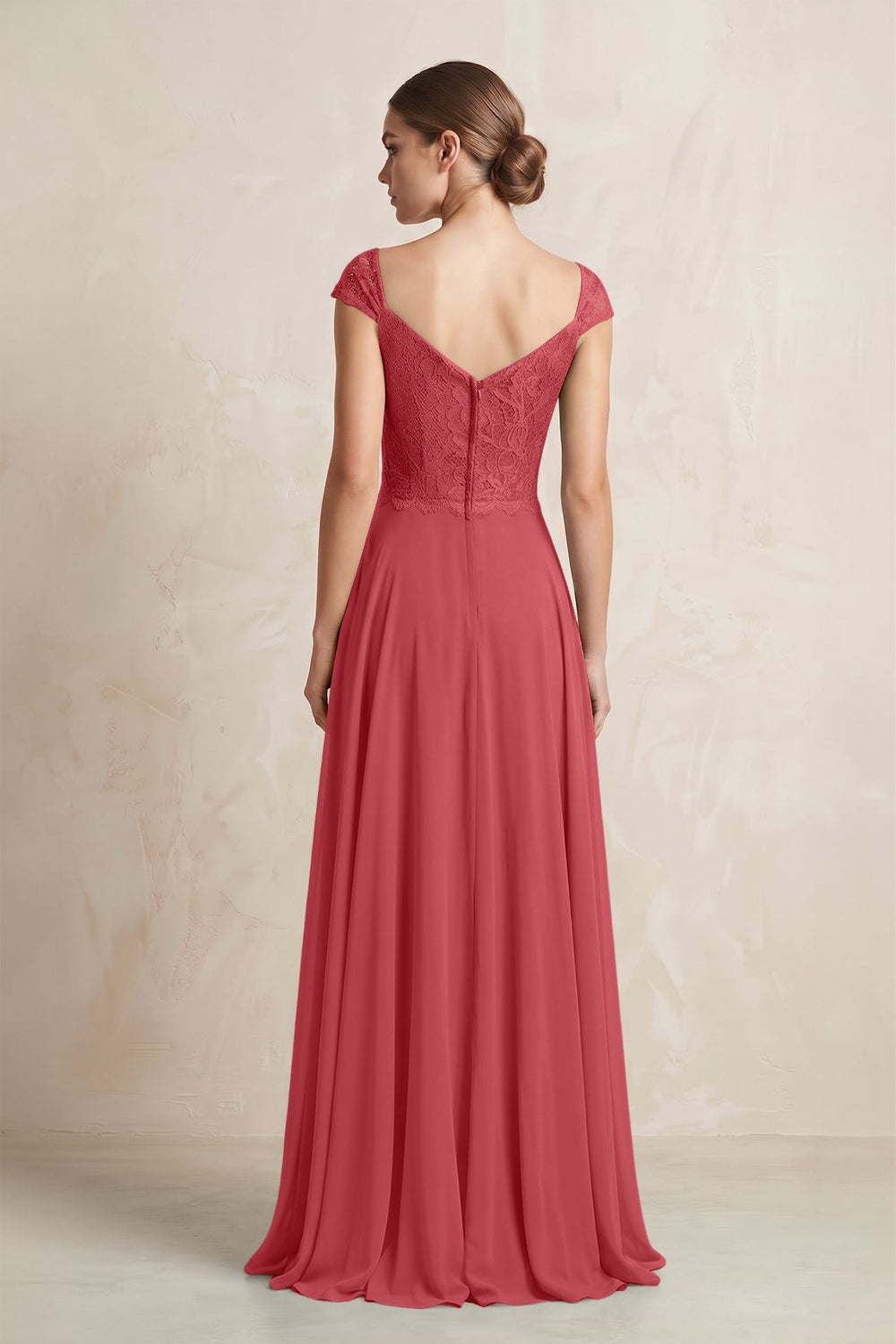 A - Line Chiffon V - Neck Pleated Bridesmaid Dress with Cap Sleeves in Merlot - SHE IS ME Bridesmaid Dresses