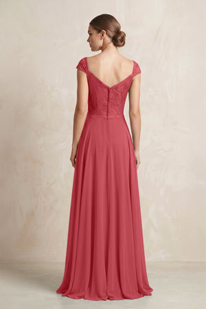 A - Line Chiffon V - Neck Pleated Bridesmaid Dress with Cap Sleeves in Merlot - KISS BRIDAL Bridesmaid Dresses