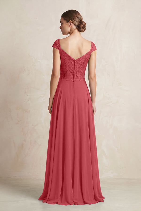 A - Line Chiffon V - Neck Pleated Bridesmaid Dress with Cap Sleeves in Merlot - KISS BRIDAL Bridesmaid Dresses